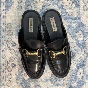 Steve Madden Black Leather Mule Loafers with Gold Bit